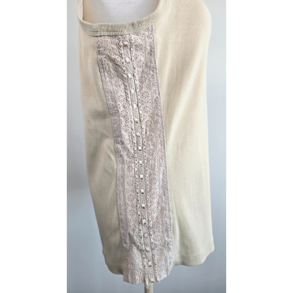 Tribal Lace Tank Top Ribbed Knit Henley Round Neck Pastel Yellow Beige Quiet Lux - Picture 5 of 16